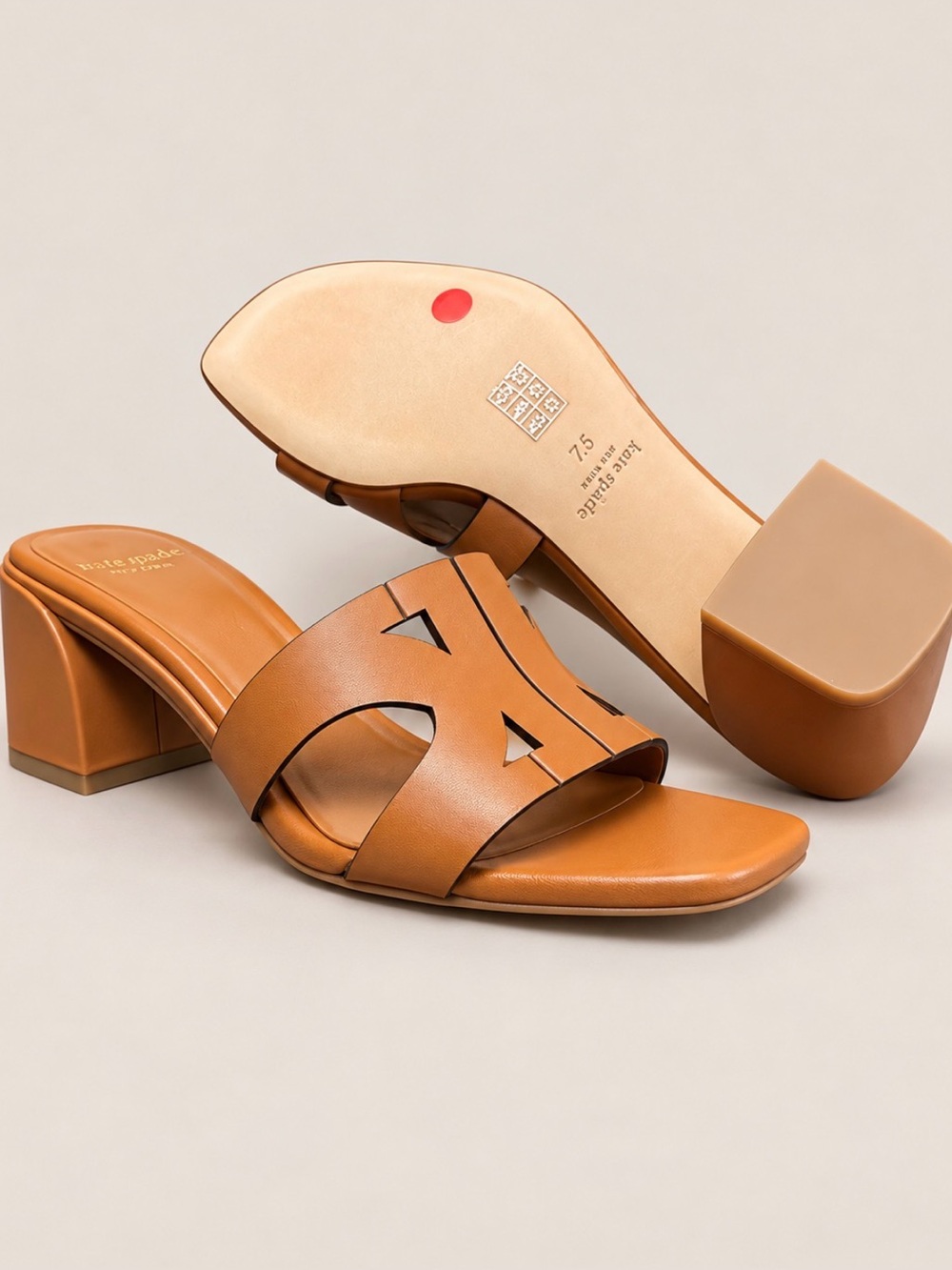 Kate Spade Women's Tan Leather Block Heel Slide Sandals size 7